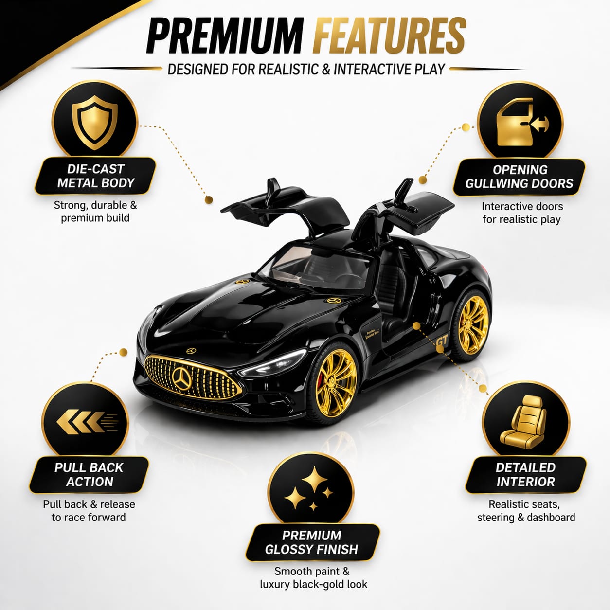 Hello Toys Vision AMG GT Diecast Black Toy Car with Light & Sound