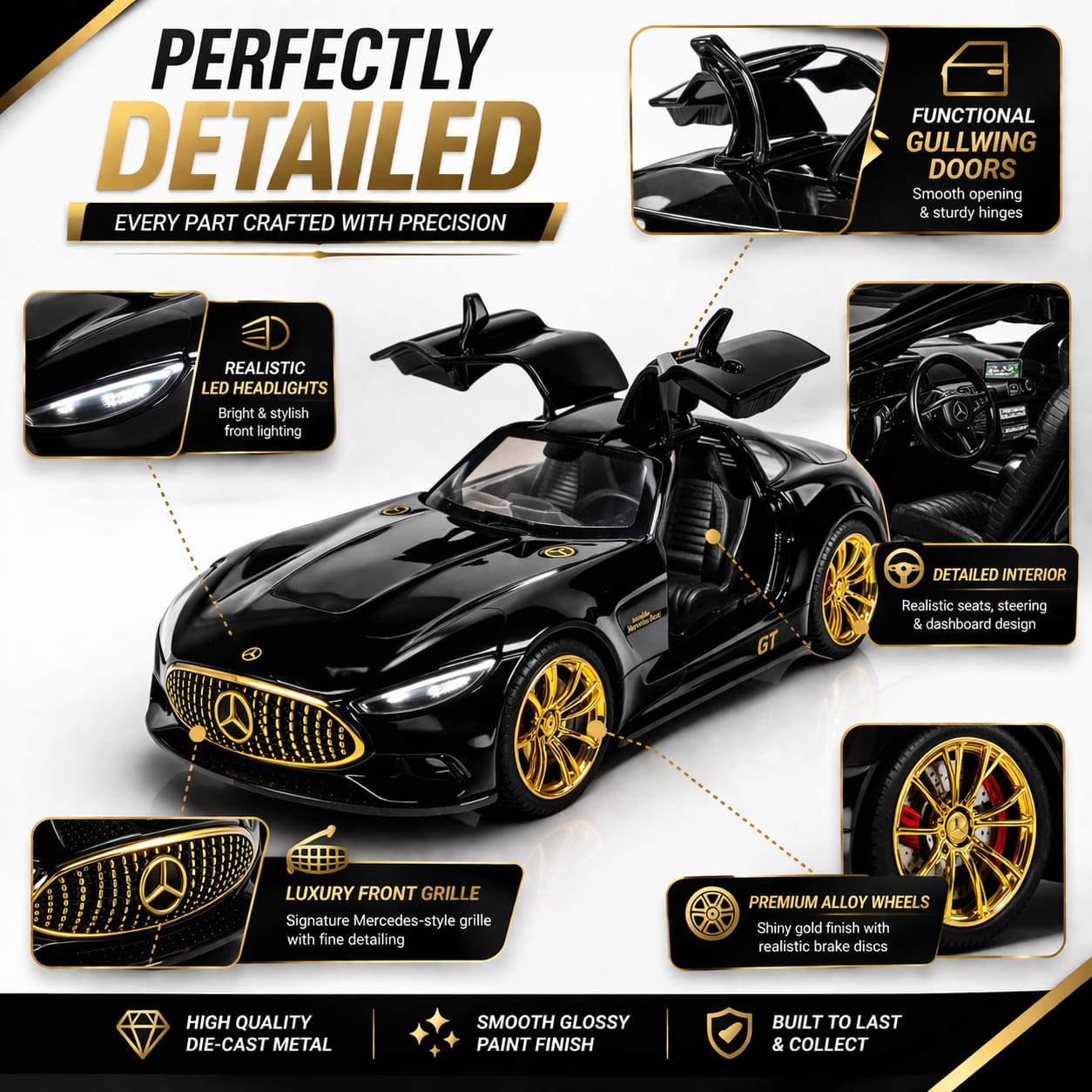 Hello Toys Vision AMG GT Diecast Black Toy Car with Light & Sound
