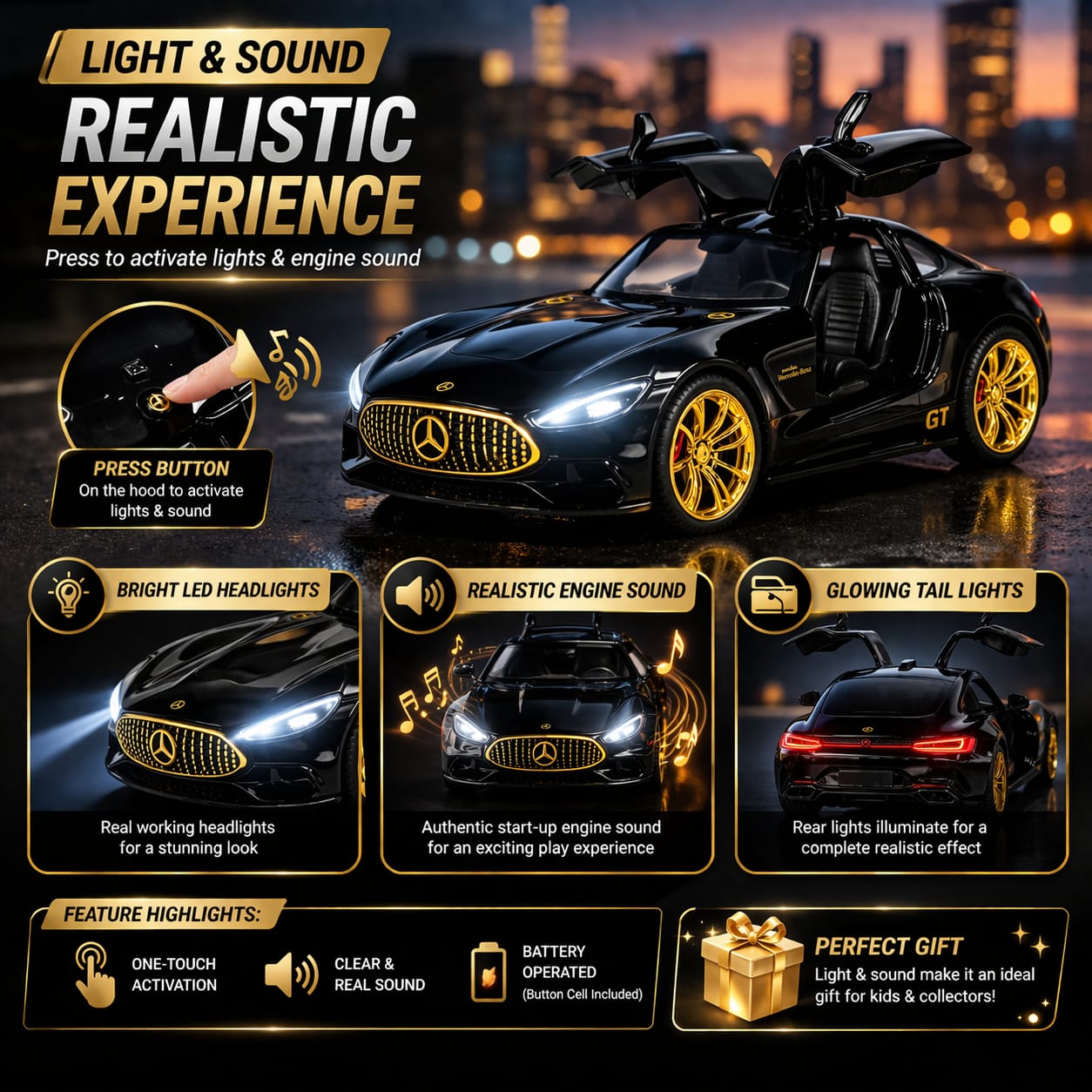 Hello Toys Vision AMG GT Diecast Black Toy Car with Light & Sound