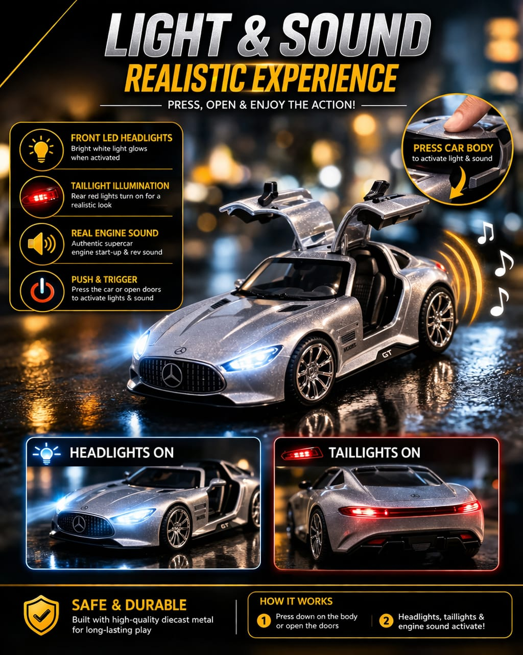 Hello Toys Vision AMG GT Diecast Silver Toy Car with Light & Sound
