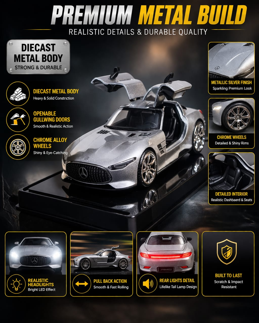 Hello Toys Vision AMG GT Diecast Silver Toy Car with Light & Sound