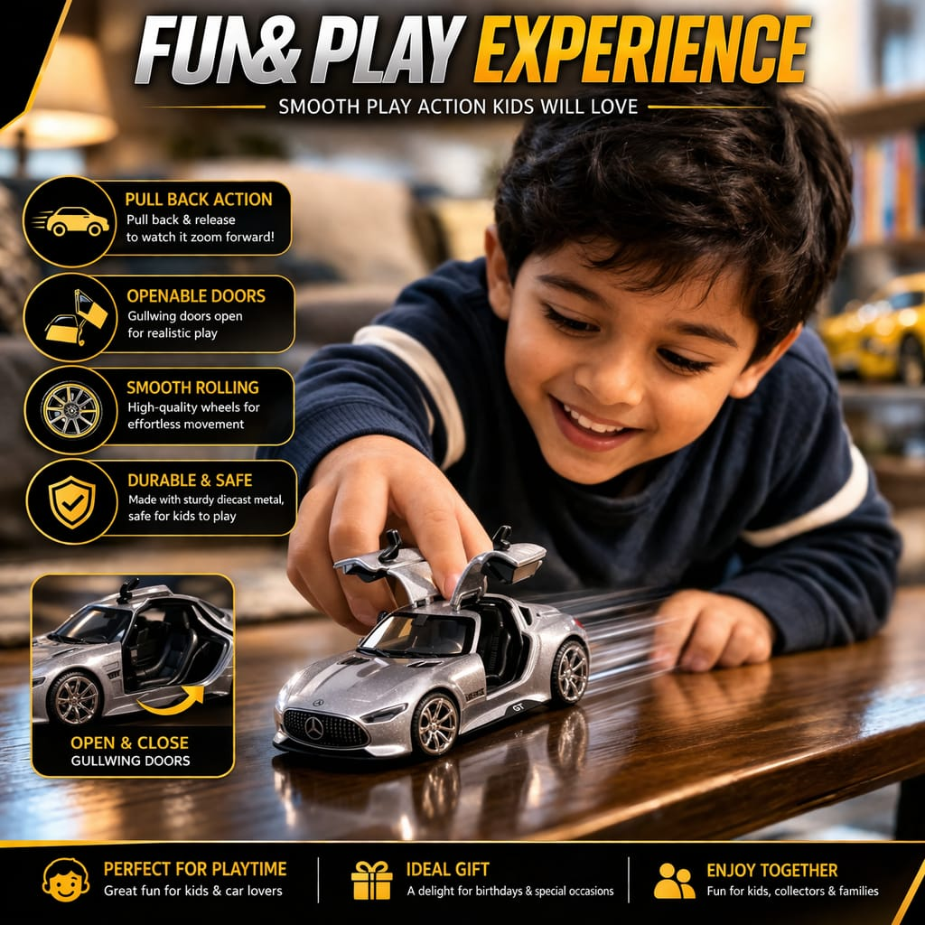 Hello Toys Vision AMG GT Diecast Silver Toy Car with Light & Sound
