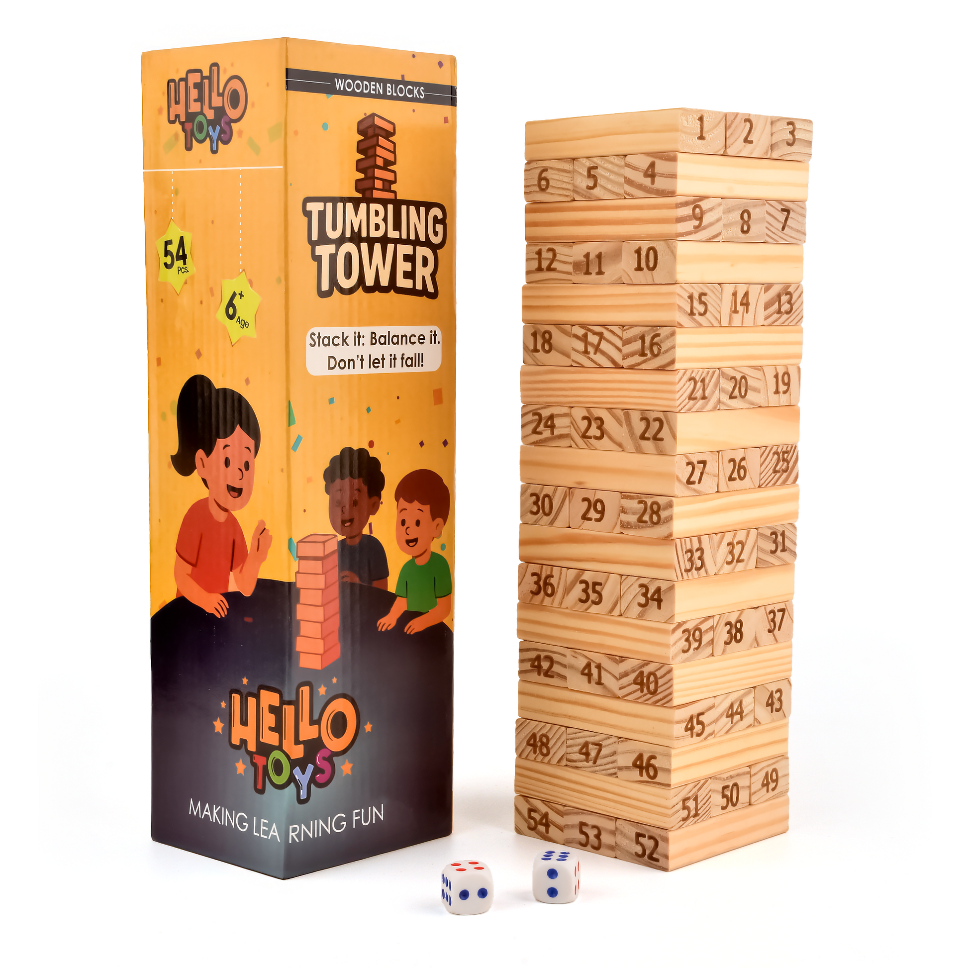 Wooden tumbling tower game 54 pcs with 2 dice for kids by Hello Toys