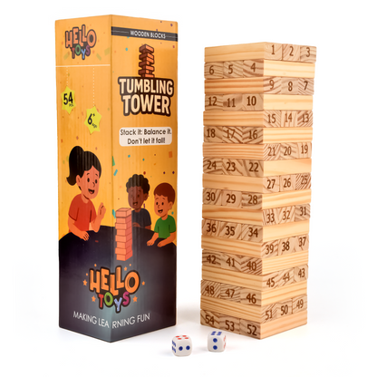 Wooden tumbling tower game 54 pcs with 2 dice for kids by Hello Toys