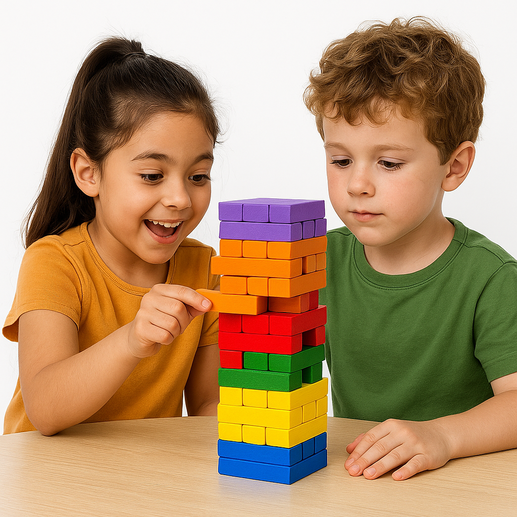 Kids playing color wooden tumbling tower game with dice
