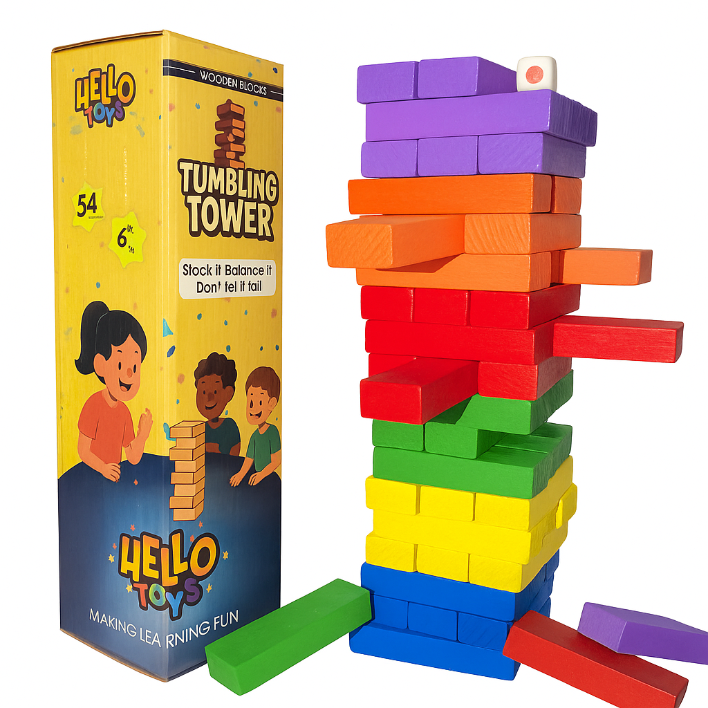 Colorful wooden blocks tower with Hello Toys packaging on a white background