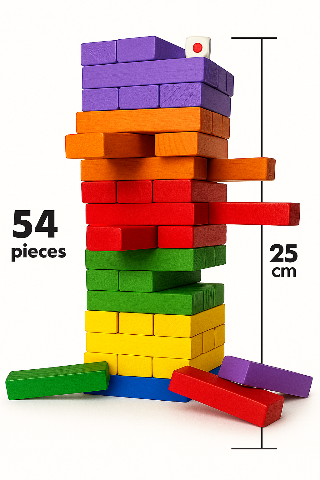 Color wooden tumbling tower 54 pcs with measurement 