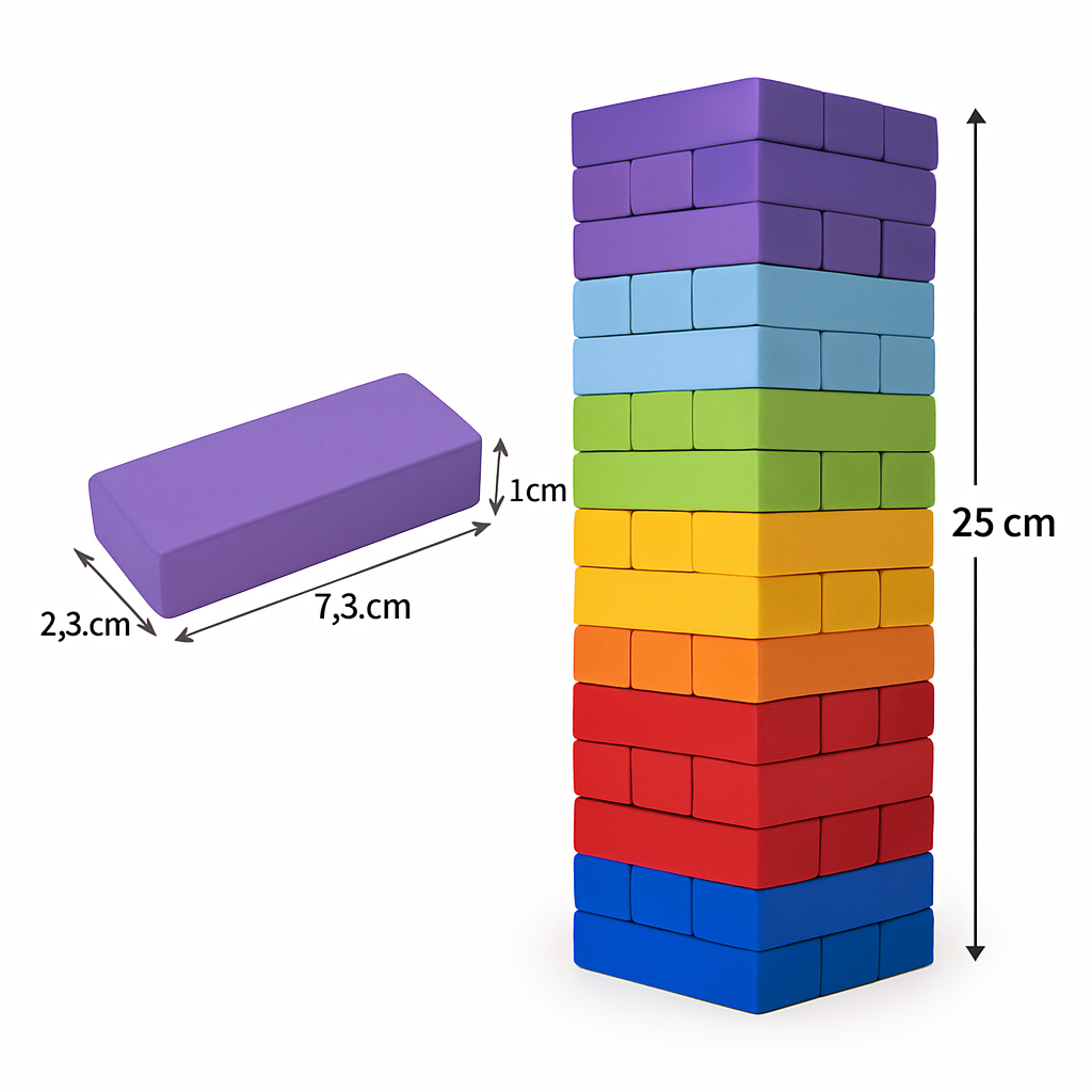 Colorful wooden tumbling tower blocks 54 pieces dimensions