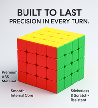 Rubik's Cube with text highlighting features on a gray background