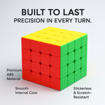 Rubik's Cube with text highlighting features on a gray background