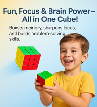 Child holding a Rubik's Cube with text about its cognitive benefits on a gradient background