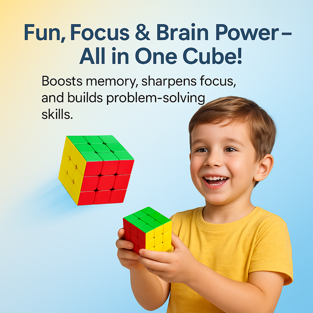 Child holding a Rubik's Cube with text about its cognitive benefits on a gradient background
