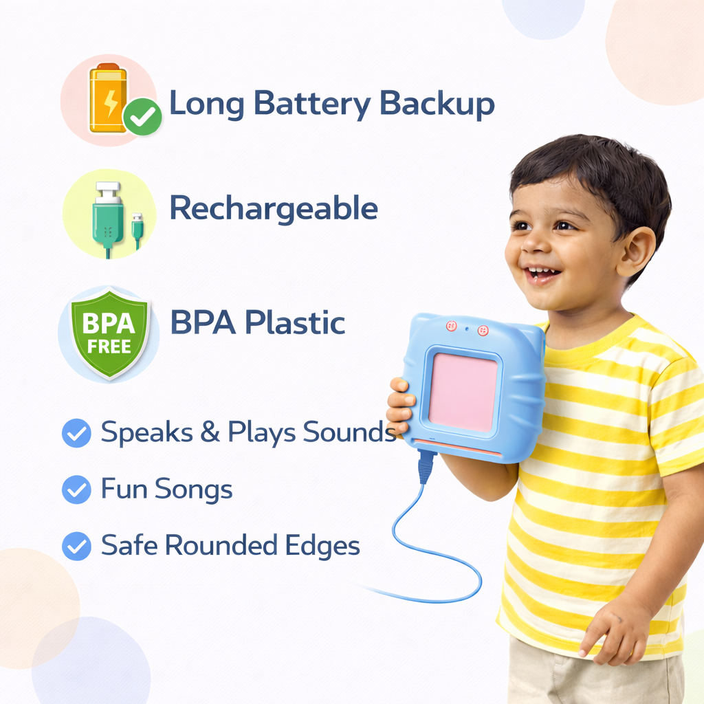 Rechargeable educational card reader toy with long battery backup safe rounded edges and sound effects