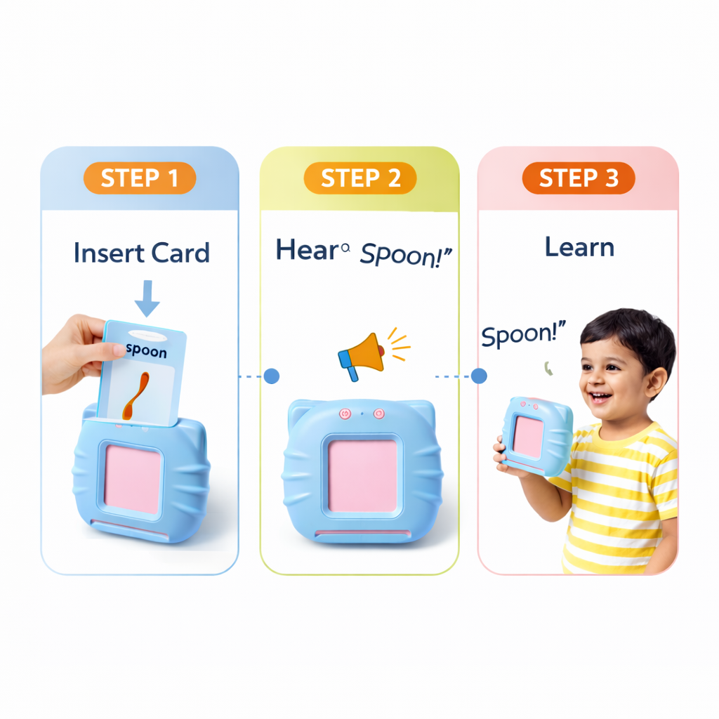 Step by step usage of educational card reader toy insert card hear word and learn pronunciation