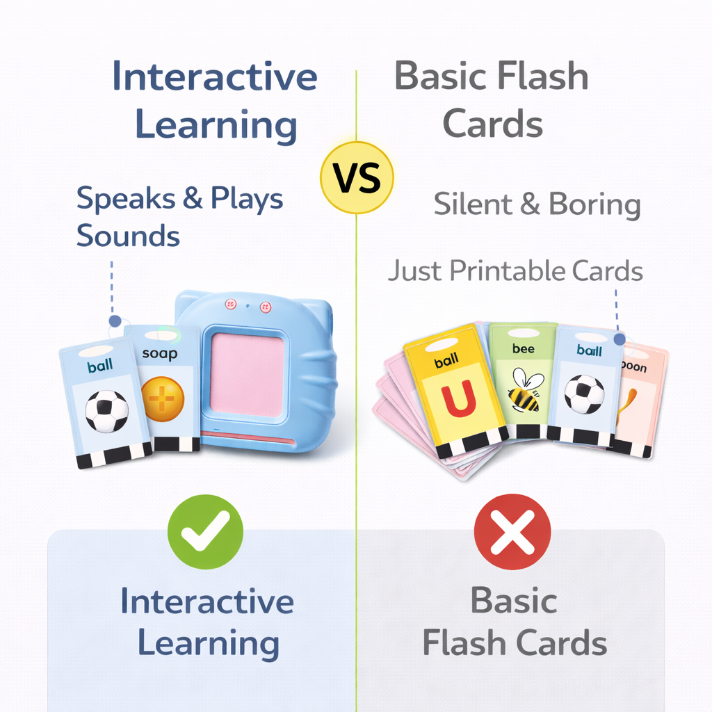 Interactive talking flash card reader toy compared to basic flash cards learning method for toddlers