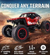 RC rock crawler car driving on rough outdoor terrain
