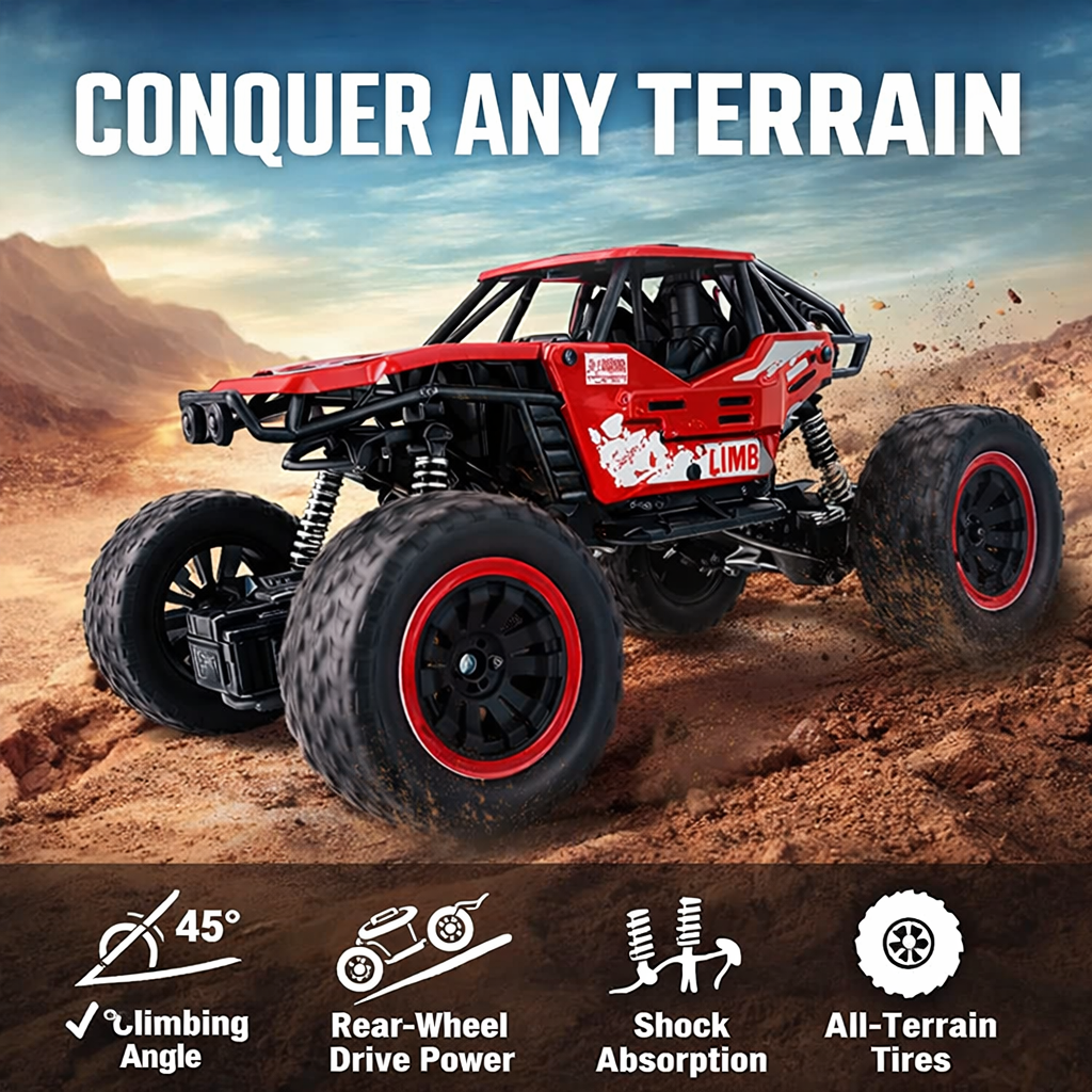 RC rock crawler car driving on rough outdoor terrain