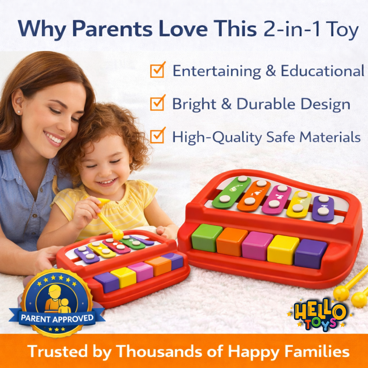 Toddler playing 2 in 1 musical xylophone and piano learning instrument