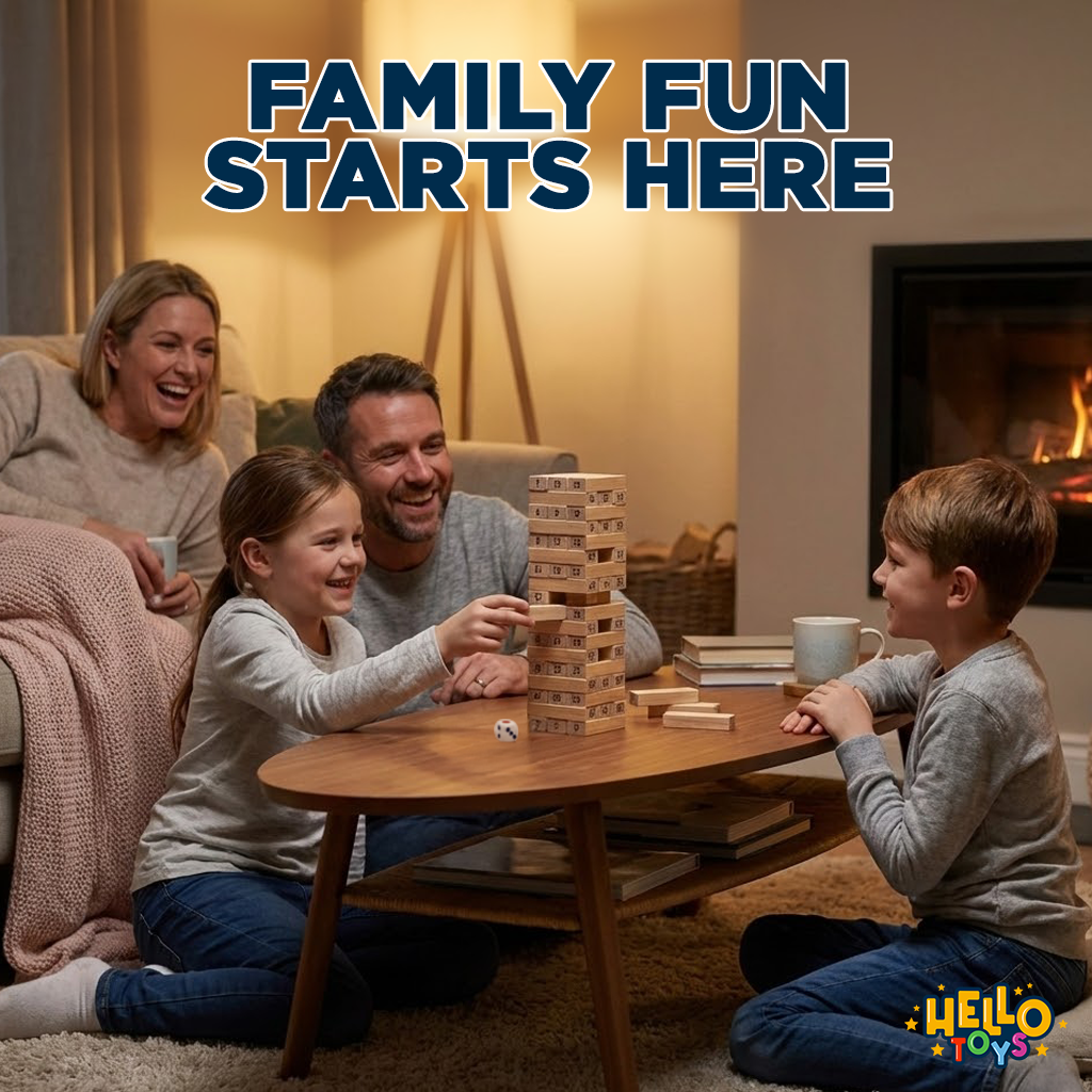 Wooden tumbling tower game with 2 dice included for gameplay