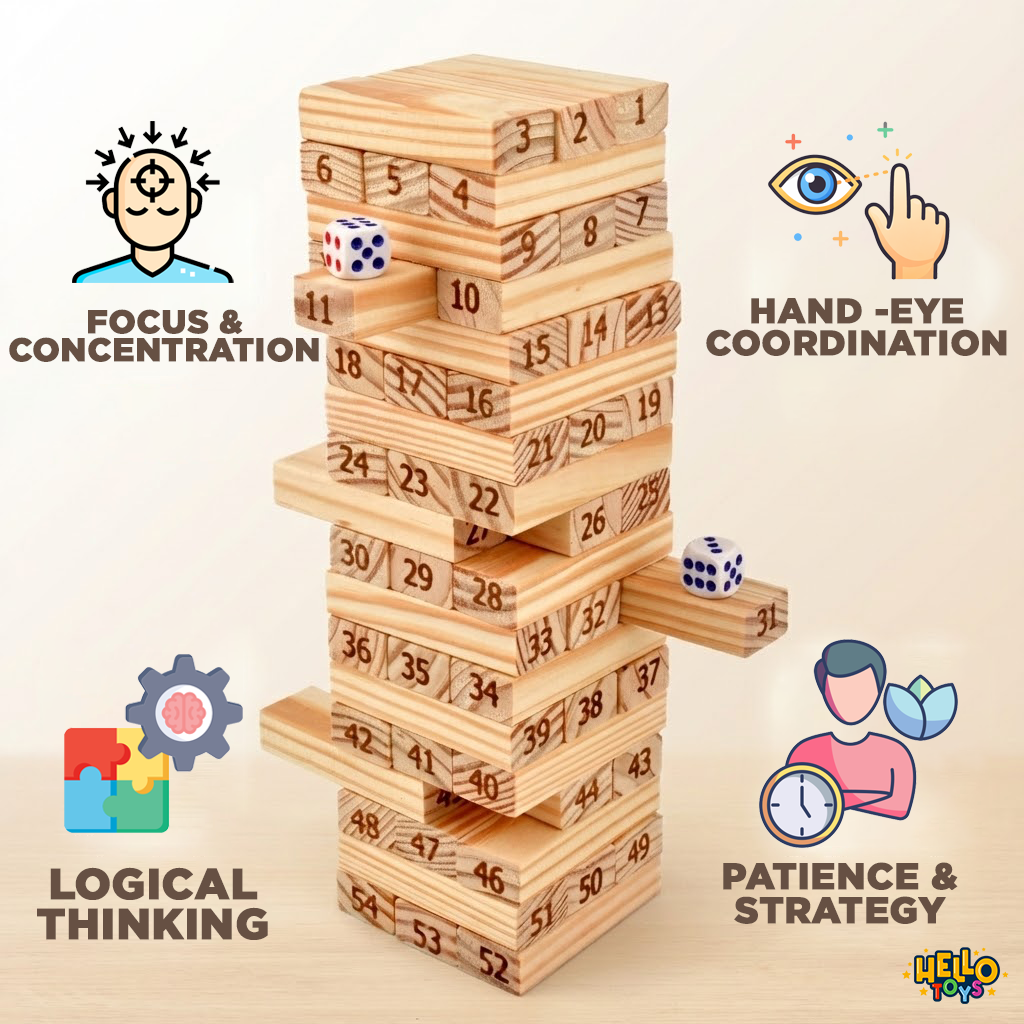 Educational wooden tumbling tower game improving motor skills and focus