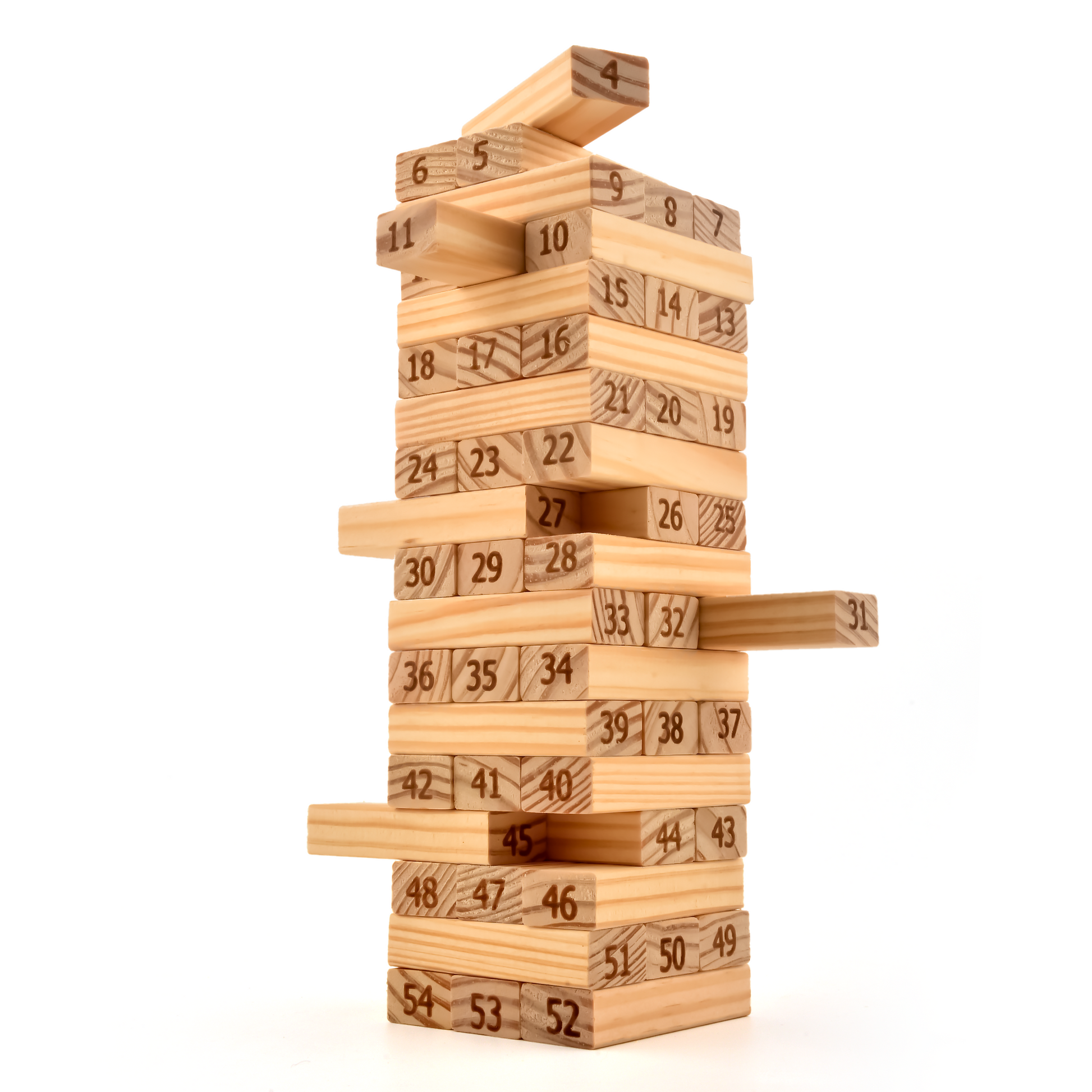 Assembled wooden tumbling tower game with 54 wooden blocks
