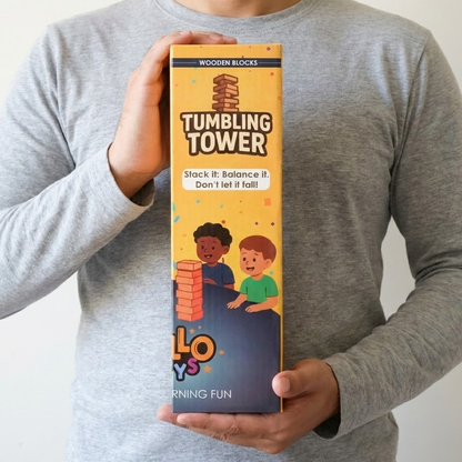 Packaging box of wooden tumbling tower game 54 pieces with 2 dice