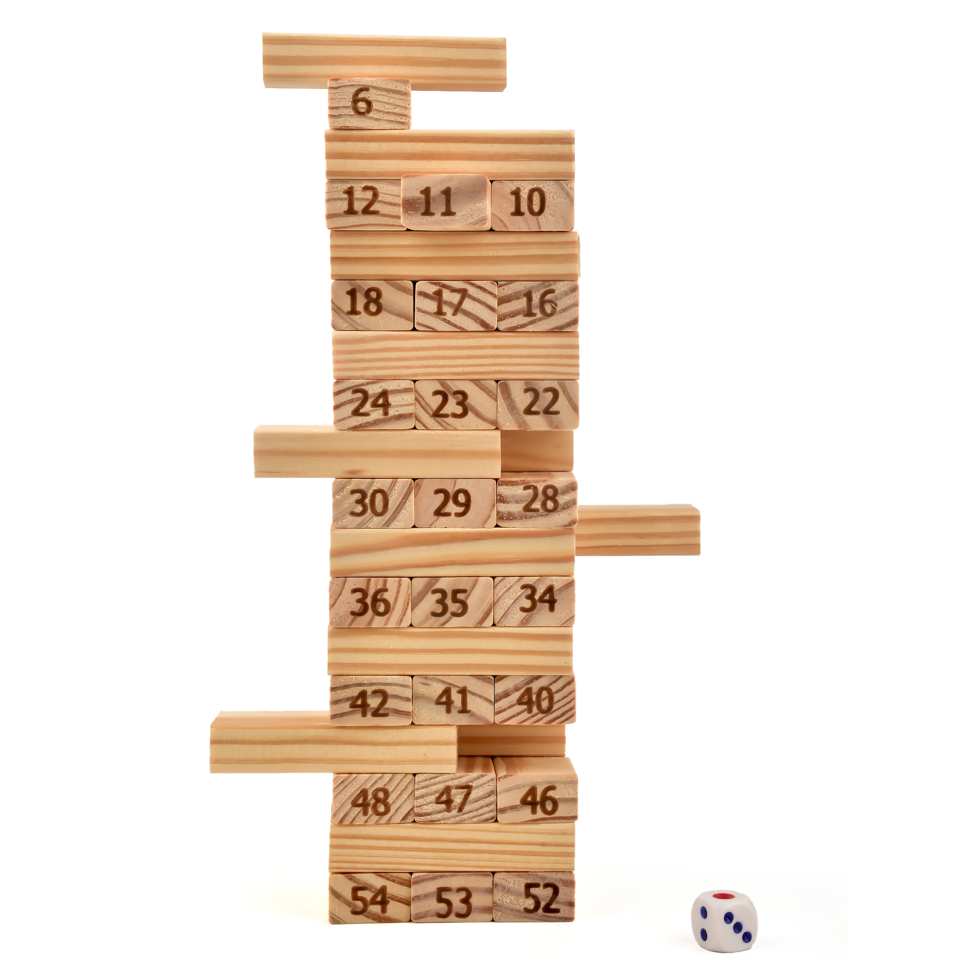 Wooden tumbling tower game with 2 dice included for gameplay