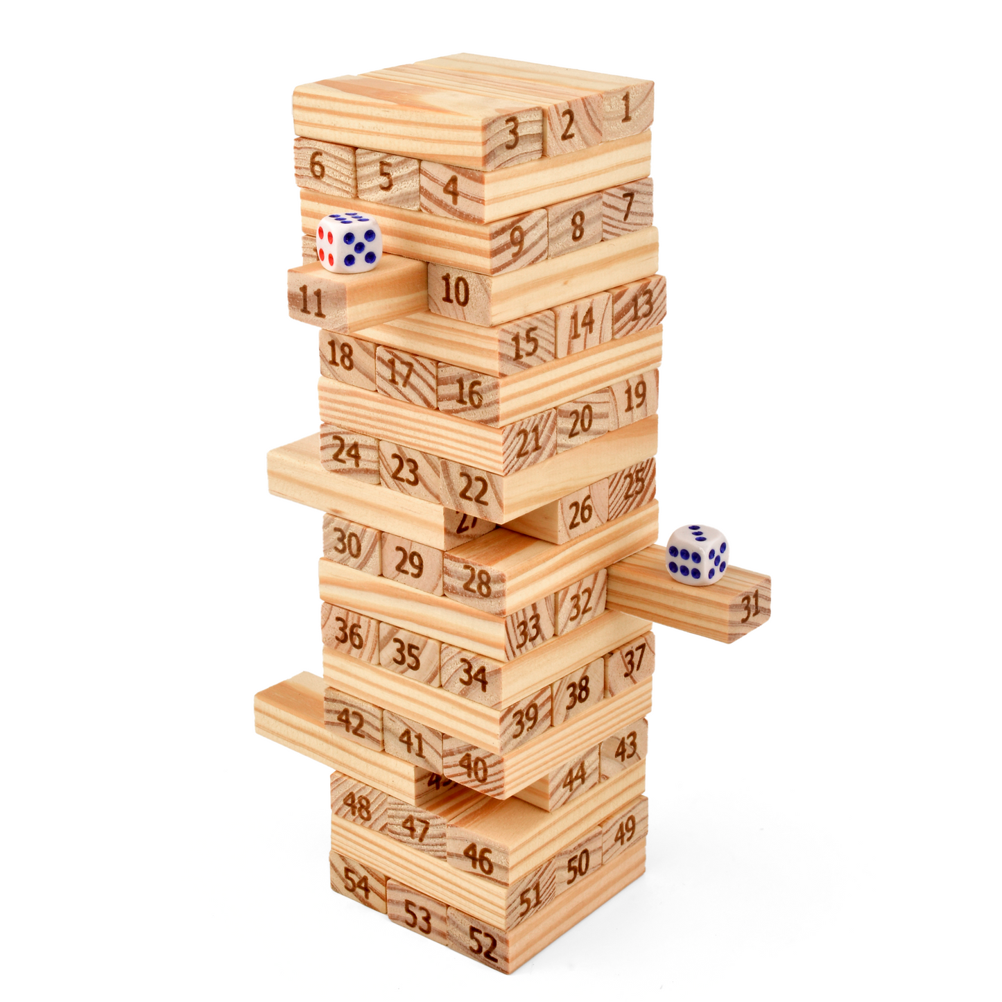 Wooden tumbling tower game 54 pcs with 2 dice by Hello Toys
