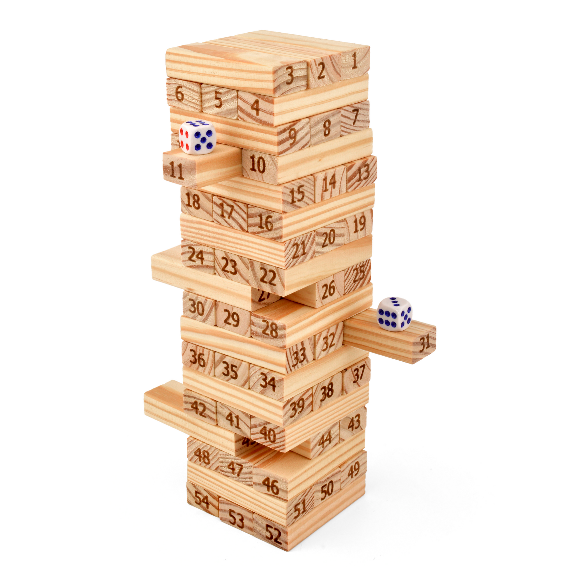 Wooden tumbling tower game 54 pcs with 2 dice by Hello Toys