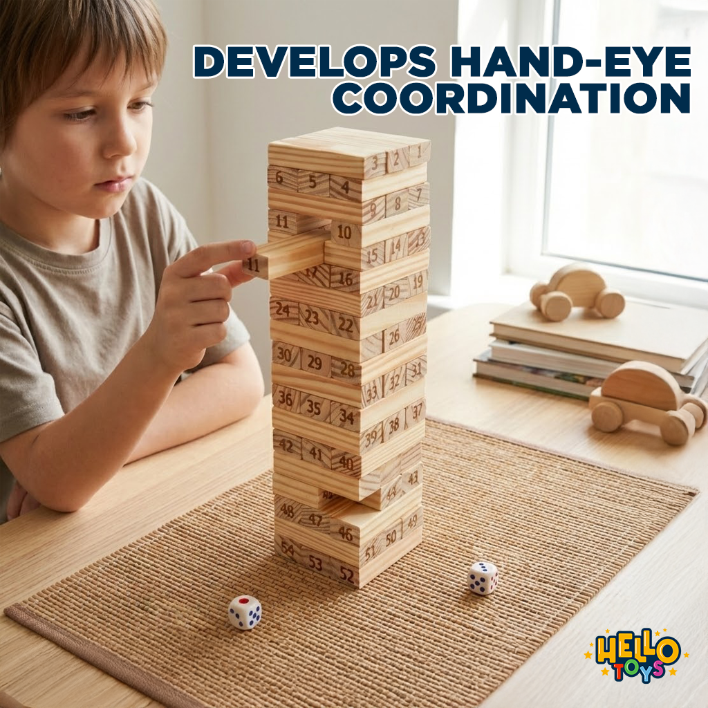 Player removing wooden block from tumbling tower game